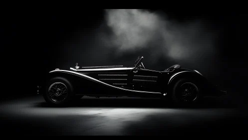 Sleek vintage roadster rests in dramatic studio spotlight glow