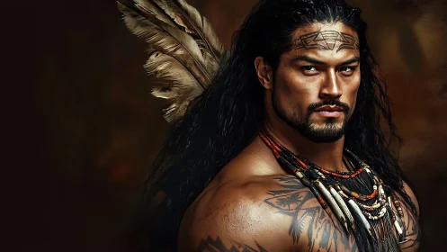 Warrior portrait with tribal tattoos and feathered headdress.