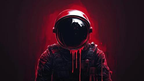 Crimson-lit astronaut silhouette with dripping reflective visor.