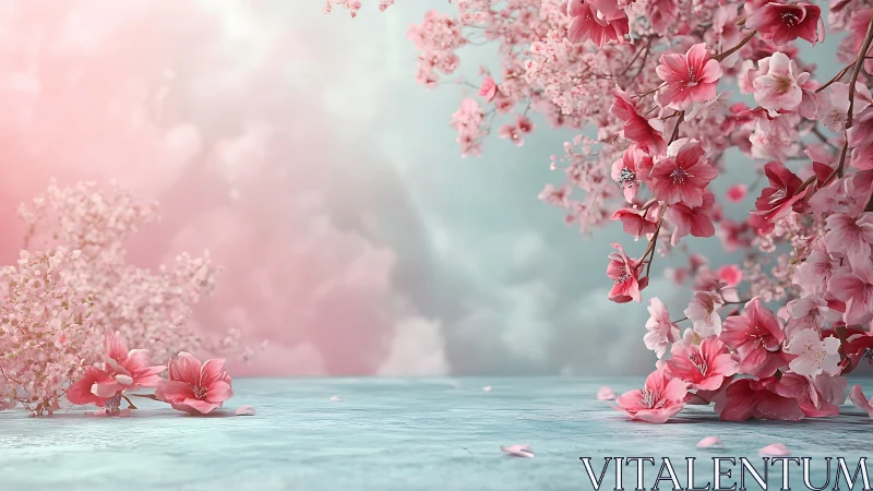 Pink Cherry Blossoms Against Turquoise Sky.