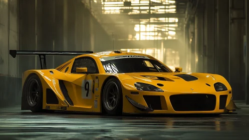 Yellow endurance race car poised in industrial light tunnel.