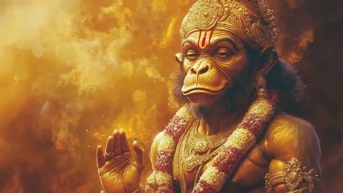 Golden simian deity portrait radiates divine calm in flames