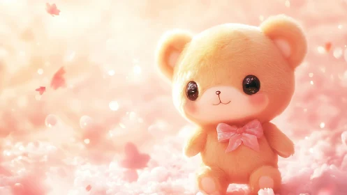 Plush bear figure rendered in soft pink atmospheric scene