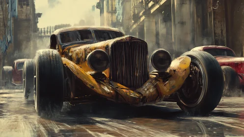 Rustborn hot rod storms a rain-slicked retro city street.