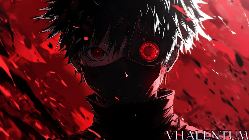 Masked cybernetic antihero emerges through crimson chaos.