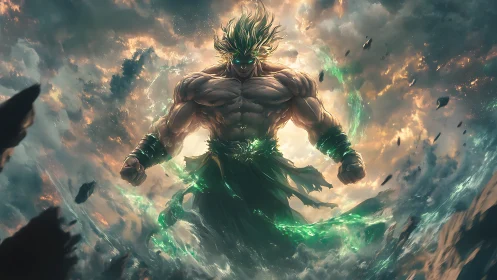 Mythic storm titan in luminescent atmospheric rupture field.