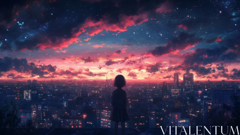 Solitary silhouette over neon city at luminous dusk sky.