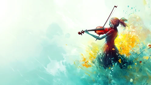 Violinist silhouette in colorful abstract paint field.