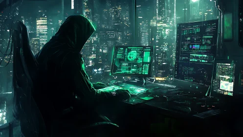 Hooded computer operator at multi-monitor urban workstation.