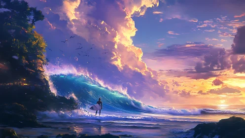 Sunset surfer quietly greeting a glowing, dreamlike wave