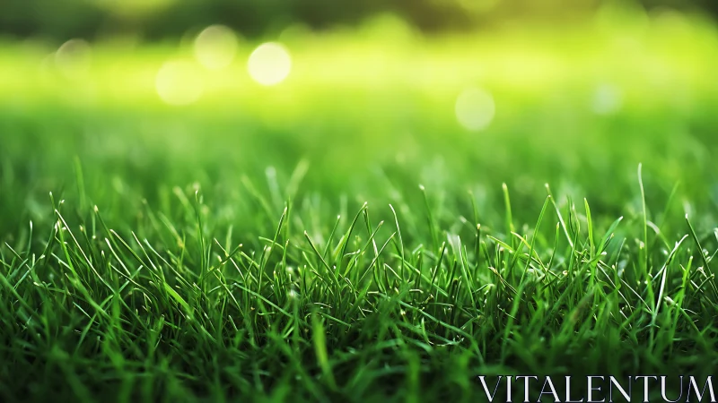Close-up of vibrant green grass in sunlight, natural bokeh effect.