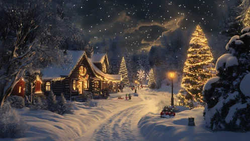 Snowy Christmas village glows under a star-filled winter sky.