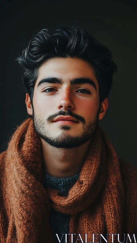 Warmly lit portrait of young man in textured scarf.