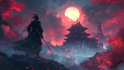 Lone samurai faces burning temple beneath blood moon