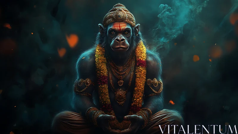 Mythic gorilla deity in ornate gold jewelry and garlands.