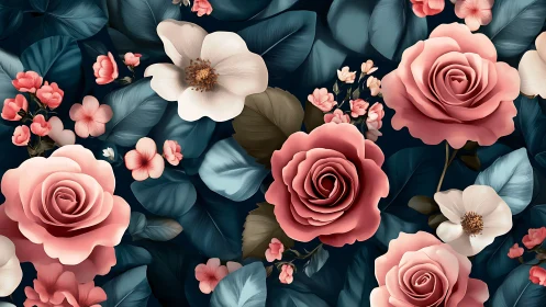 Lush Floral Garden With Pink Roses and Cream Blooms