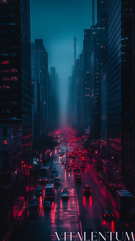High-rise corridor frames wet arterial street at dusk