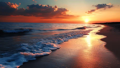 Coastal wavefront geometry under high-saturation sunset light.