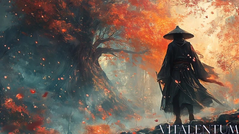 Lone wanderer under ember leaves in misty spirit forest.