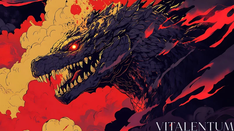 Infernal kaiju head emerges amid stylized eruptive flames