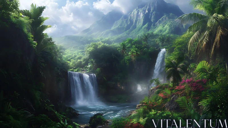 Lush tropical valley with dual waterfalls under misty peaks