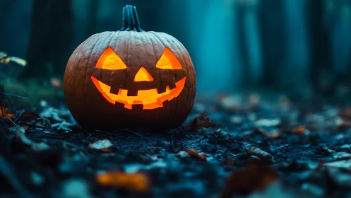 Glowing jack o lantern on misty forest path at dusk.