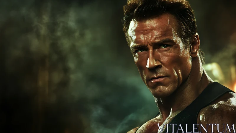 Muscular man in tank top amid dark smoky backdrop.