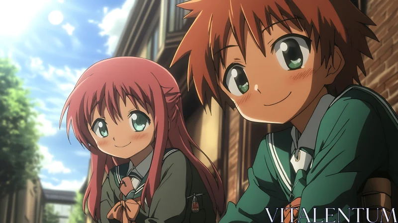 Two anime students smile outdoors in warm afternoon light