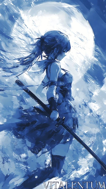 Moonlit swordswoman in monochrome blue dynamic brush strokes