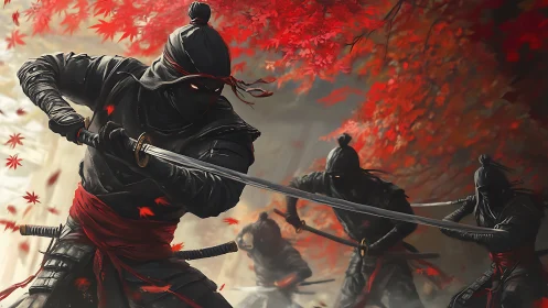 Masked ninja warriors move through fiery autumn leaves.
