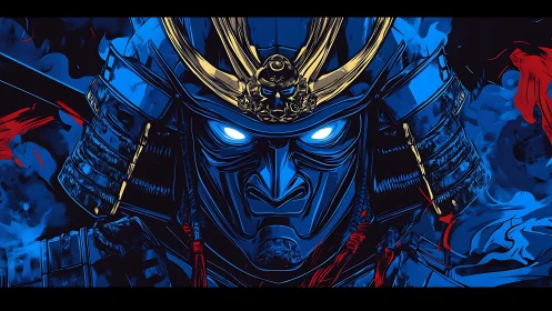 Cyber samurai helmet glows with intense blue spectral power.