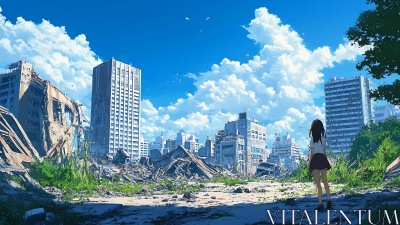 Girl observes urban ruins under clear sky in wide view