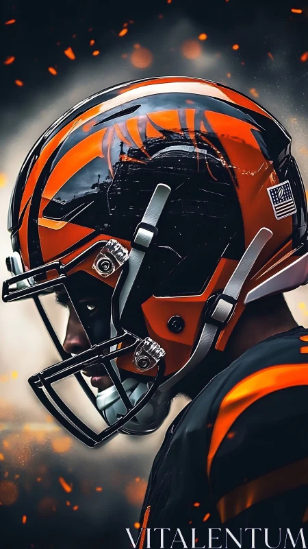Intense profile of tiger-striped football helmet in flames.