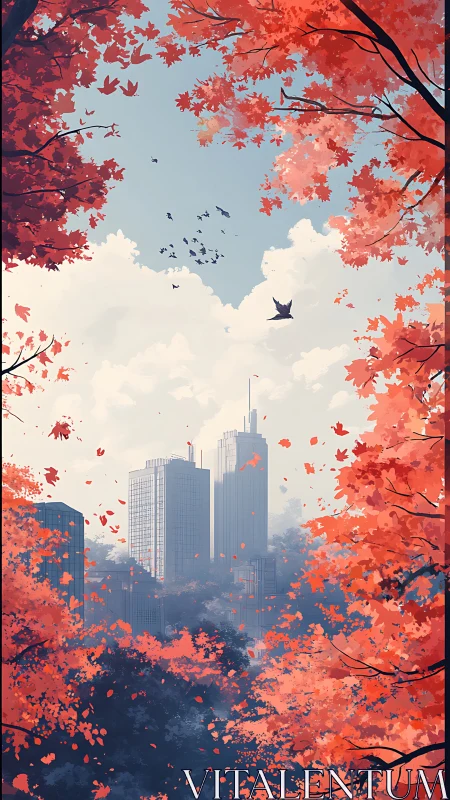 Scarlet canopy crowns a quiet city skyline in soft hush.