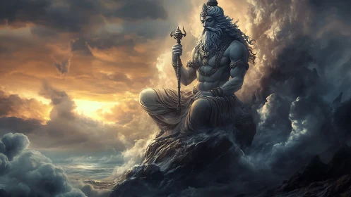 Mythic storm god seated on mountain amid swirling clouds.