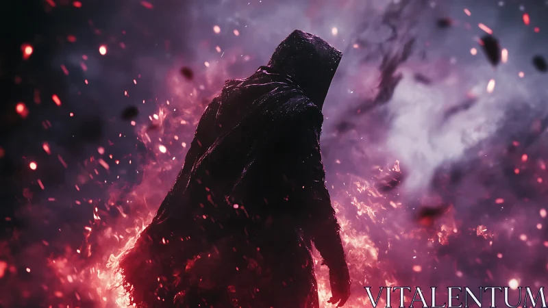 Hooded figure walks through swirling embers and rising smoke