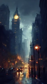 Rain-soaked city street glows beneath looming clocktower