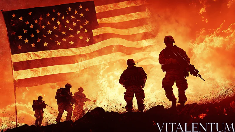 American soldiers silhouetted against intense inferno with flag.