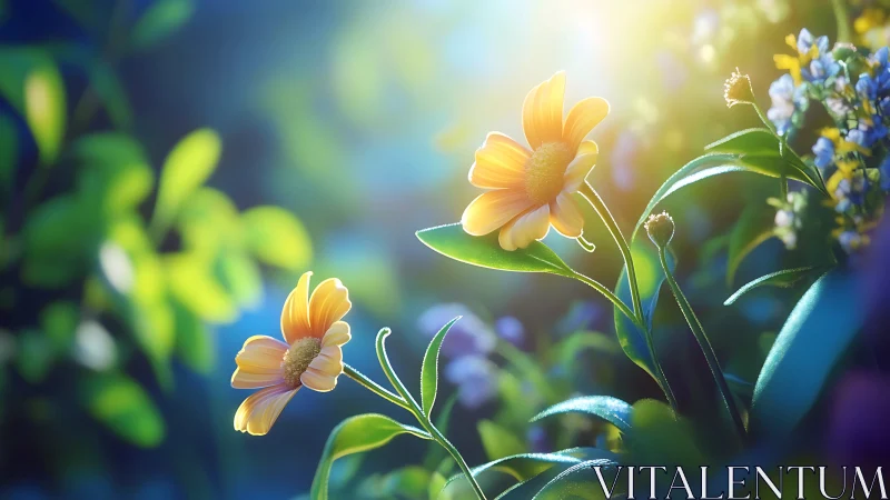 Golden flowers bask in morning sunlight