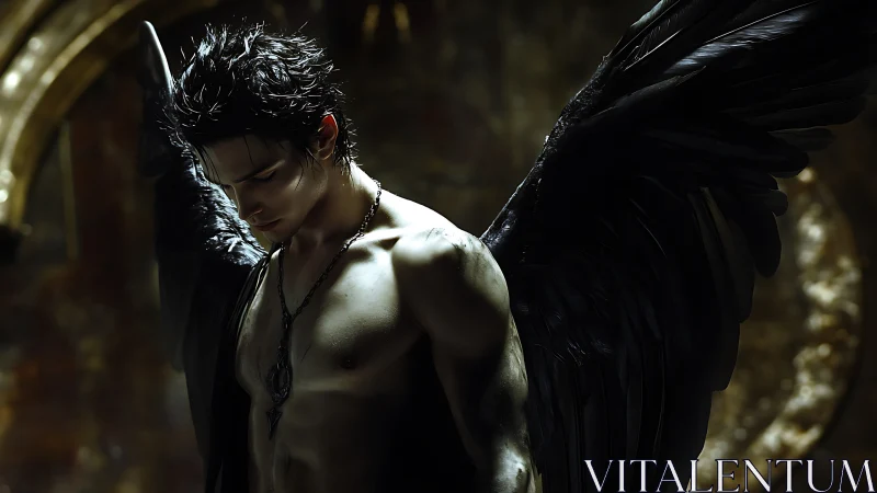 Brooding dark-winged angel in chiaroscuro fantasy lighting.