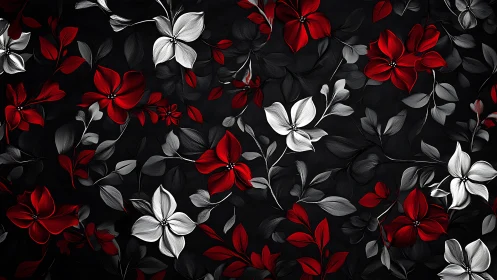 Floral Botanical Pattern: Red and White Blooms on Dark Ground.