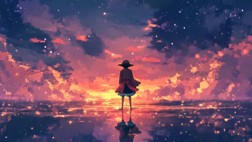 Silhouetted figure stands on reflective water at sunset sky