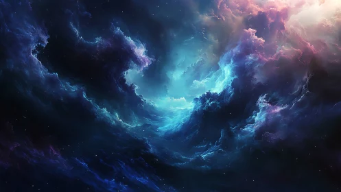 Cosmic nebula cloudscape with blue and violet gas forms.