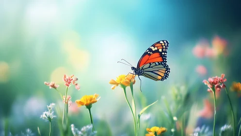 Monarch butterfly hovers over wildflowers in luminous bokeh field
