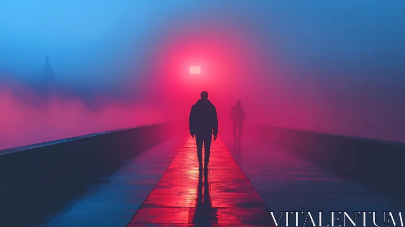 Striking silhouettes stroll toward a glowing pink city light
