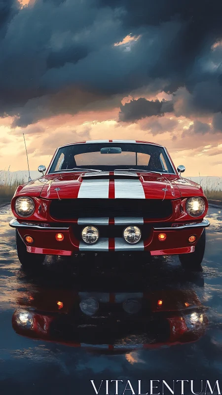 Stormlit red muscle car with bold racing stripes reflection.