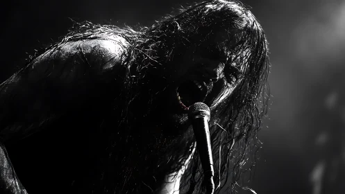 Vocalist in low-key lighting at microphone during performance.