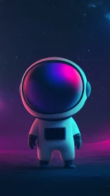 Cartoon astronaut stands on stylized planet under starry sky