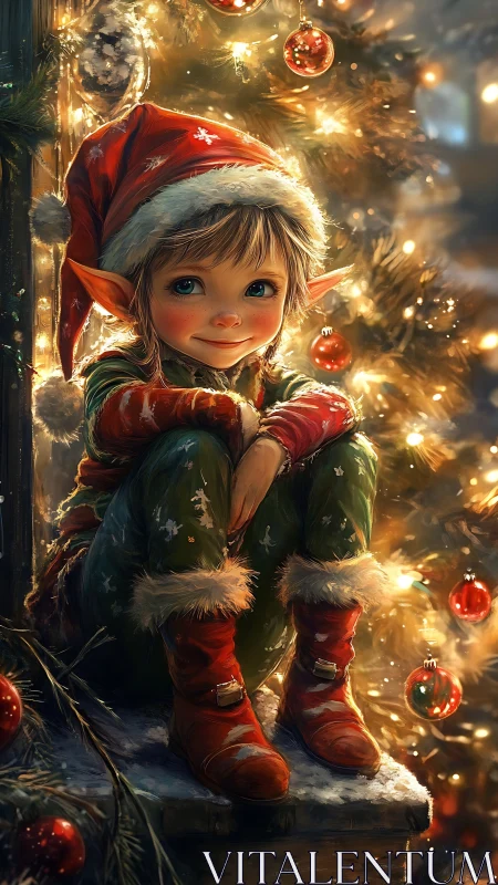 Tiny yuletide dreamer glows beside a shimmering tree