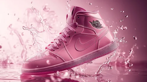 Glossy pink sneaker splashing through luminous water field.